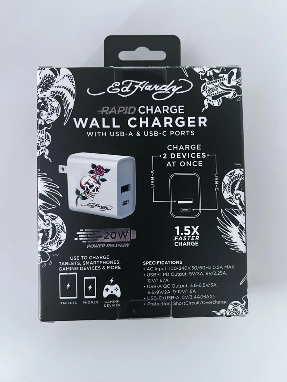 Ed Hardy Rapid Charge Wall Charger with Skull & Rose Tattoo Graphic